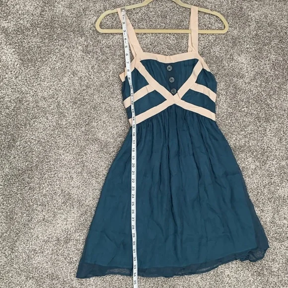 Burlapp Anthropologie Turquoise Cream Trim Silk Mini Dress - Picture 6 of 11